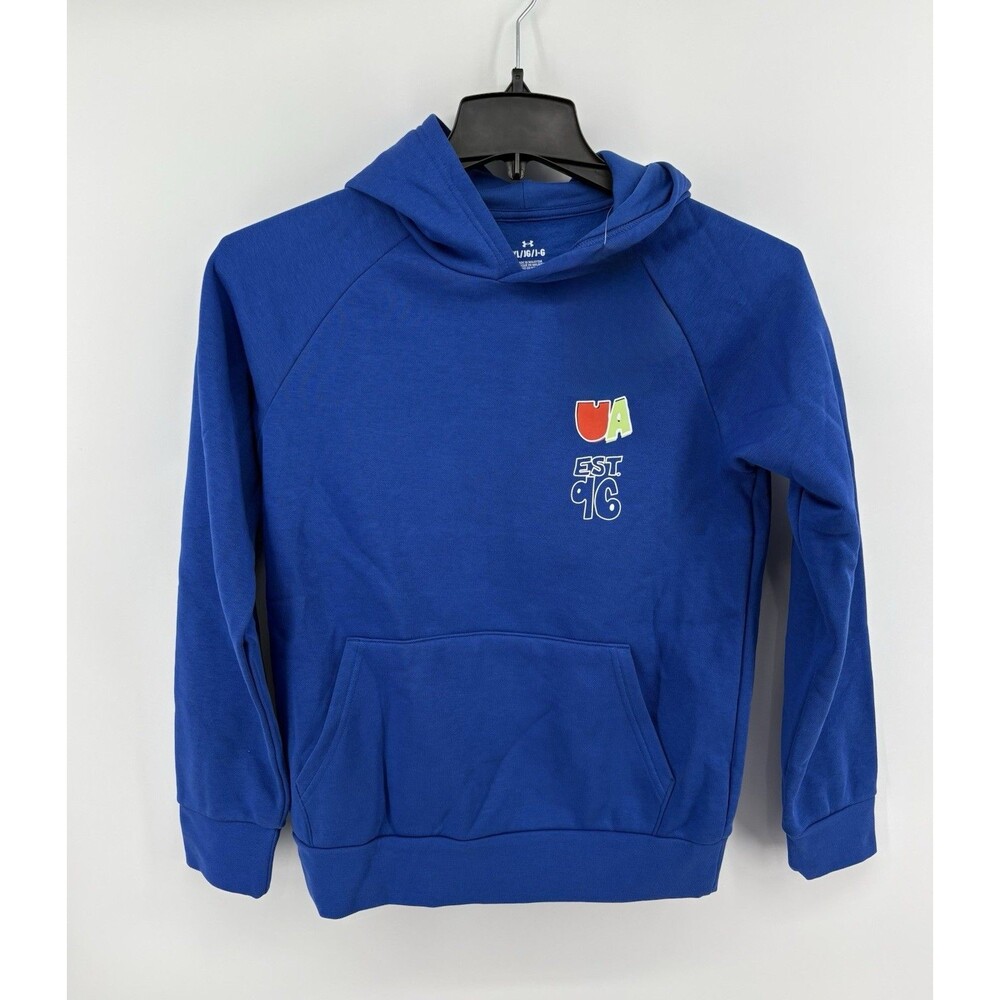 Under Armour Youth Large Blue Rival Fleece Graphic Print Sweatshirt Hoodie NWT